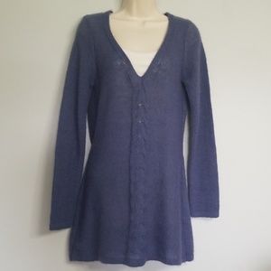 Long loose knit indigo sweater deep v neck